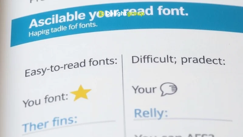 การใช้ฟอนต์ในโบรชัวร์ มีการเปรียบเทียบระหว่างฟอนต์ที่อ่านง่ายและฟอนต์ที่อ่านยาก พร้อมคำอธิบายประกอบ