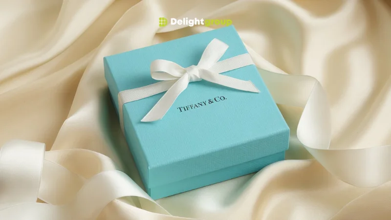 กล่องของขวัญสีฟ้าสดใสจากแบรนด์ Tiffany & Co. ตกแต่งด้วยริบบิ้นสีขาว วางอยู่บนผ้าซาตินสีครีม ให้ความรู้สึกหรูหราและนุ่มนวล