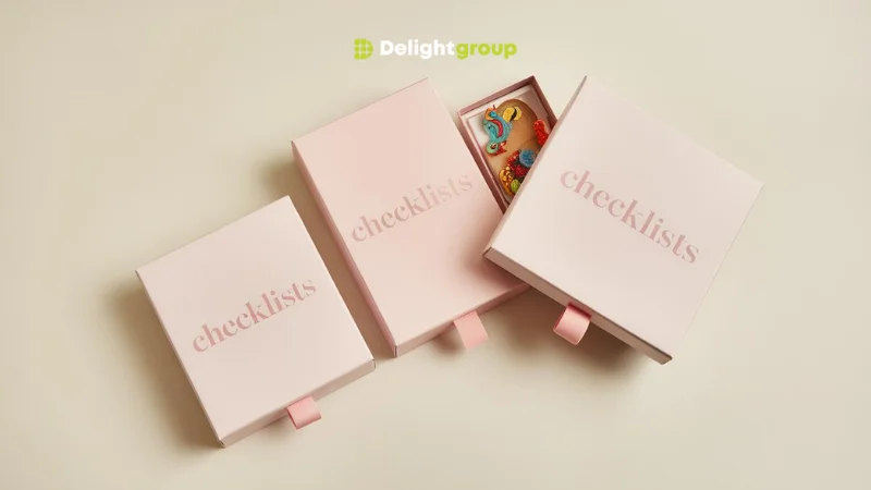 กล่องกระดาษสีชมพูอ่อนพร้อมคำว่า "checklists" บนฝาแบบดึงออก ภายในมีของตกแต่งที่สวยงาม