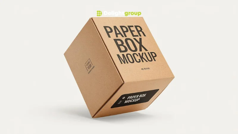 กล่องกระดาษสีน้ำตาลพร้อมข้อความ "Paper Box Mockup" วางในมุมเฉียงบนพื้นหลังสีขาวเรียบง่าย