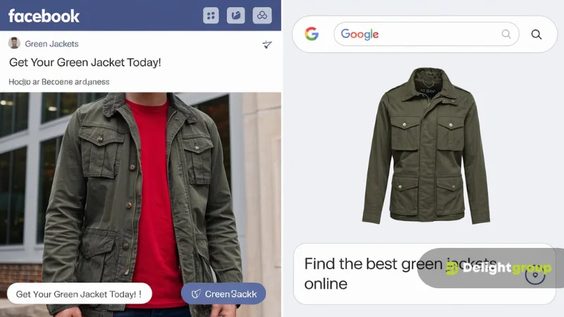 เปรียบเทียบโฆษณา Facebook Ads และ Google Ads สำหรับเสื้อแจ็คเก็ตสีเขียว ด้านซ้ายเป็นโฆษณาบน Facebook แสดงภาพผู้ชายสวมแจ็คเก็ต ด้านขวาเป็นผลการค้นหาบน Google พร้อมรูปเสื้อแจ็คเก็ตและข้อความค้นหา