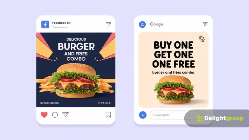 เปรียบเทียบโฆษณา Facebook Ads และ Google Ads สำหรับโปรโมชั่นเบอร์เกอร์ ด้านซ้ายเป็นโฆษณา Facebook ที่ออกแบบแบบกราฟิก ด้านขวาเป็นโฆษณา Google ที่เน้นข้อความโปรโมชัน 'Buy One Get One Free'
